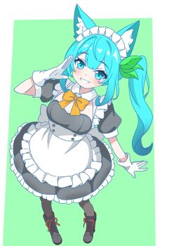 1girl absurdres animal_ear_fluff animal_ears ankle_boots apron aqua_eyes aqua_hair black_boots black_dress black_pantyhose boots breasts cleavage commentary_request detached_collar dress eggplant7217 frilled_apron frilled_dress frilled_hairband frills full_body gloves green_background hairband hand_up highres large_breasts making-of_available misaki_(eggplant7217) mole mole_under_eye multicolored_dress neck_ribbon open_mouth original pantyhose puffy_sleeves ribbon salute short_sleeves simple_background smile solo teeth two-tone_dress white_apron white_background white_dress white_gloves yellow_ribbon