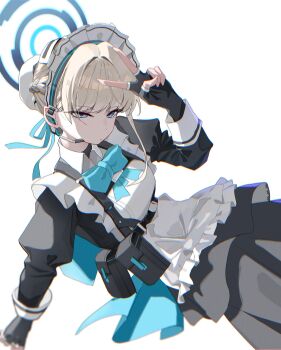 Rule 34 | absurdres, apron, aqua bow, aqua bowtie, aqua eyes, aqua ribbon, belt, belt pouch, black gloves, blonde hair, blue archive, blue hairband, blue halo, bow, bowtie, braid, collar, earpiece, fingerless gloves, frills, gloves, hair ribbon, hairband, half up braid, halo, highres, looking at viewer, maid, maid apron, maid headdress, pouch, ribbon, short hair, simple background, sitting, toki (blue archive), v, v vv, white background