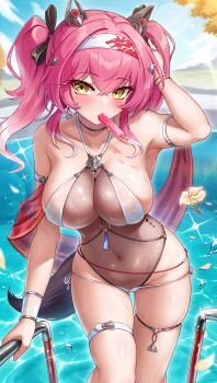 1girl absurdres bare_shoulders bikini blush breasts criss-cross_halter flower food hair_ornament hairband halterneck highres large_breasts layered_swimsuit long_hair looking_at_viewer lupa_(wuthering_waves) one-piece_swimsuit pink_hair pool poolside popsicle sash see-through_cleavage see-through_clothes see-through_one-piece_swimsuit shinonome_(shinonome_rynn) sidelocks solo swimsuit tail thigh_strap thighs twintails white_bikini wolf_tail wristband wuthering_waves yellow_eyes