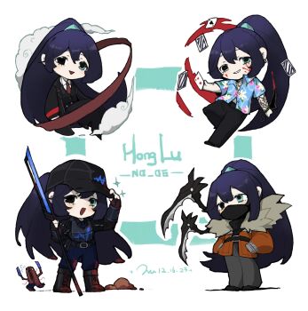 4boys aqua_hair baseball_cap black_hair black_hat black_vest blood blue_shirt cloud collared_shirt dagger glaive_(polearm) half_updo hat hawaiian_shirt heterochromia high_ponytail highres holding holding_dagger holding_knife holding_polearm holding_weapon hong_lu_(project_moon) hook inoka_nana jacket knife limbus_company long_hair looking_at_viewer multiple_boys open_mouth orange_jacket polearm ponytail project_moon red_ribbon ribbon shirt smile very_long_hair vest w_corp._(identity)_(project_moon) wayward_passenger weapon white_background