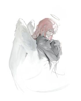 Rule 34 | 1boy, absurdres, angel, angel devil (chainsaw man), angel wings, black jacket, black pants, chainsaw man, fetal position, halo, highres, jacket, kanji (nievart), long hair, looking at viewer, male focus, messy hair, orange eyes, orange hair, pants, profile, solo, white background, white wings, wings
