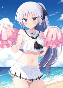 1girl 2023 absurdres adapted_costume aiyan alternate_hairstyle ascot bare_shoulders beach black_ascot black_ribbon blue_eyes blue_sky blunt_ends blush cheerleader closed_mouth cloud commentary_request cowboy_shot cropped_shirt cumulonimbus_cloud dated_commentary day eyelashes eyes_visible_through_hair hair_behind_ear hair_between_eyes hair_ornament hair_ribbon hairclip highres holding holding_pom_poms horizon long_hair looking_at_viewer miniskirt naruse_shiroha navel ocean outdoors parallel_hairclips pleated_skirt pom_pom_(cheerleading) pom_poms ponytail ribbon sailor_collar sand school_uniform serafuku shirt shore sidelocks skirt sky sleeveless sleeveless_shirt smile solo stomach straight_hair summer_pockets summer_pockets_school_uniform very_long_hair w_arms water white_hair white_sailor_collar white_serafuku white_shirt white_skirt