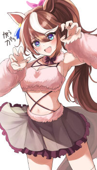 1girl alternate_costume animal_ears armpits bikini bikini_top_only black_skirt blue_eyes blush bow brown_hair claw_pose detached_sleeves fang fur_bikini hair_between_eyes hair_ribbon hanamura_pink highres horse_ears horse_girl horse_tail long_hair looking_at_viewer midriff navel open_mouth pink_bikini pink_ribbon pleated_skirt ponytail purple_bow ribbon sidelocks skin_fang skirt solo swimsuit tail tokai_teio_(umamusume) umamusume