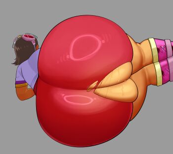 1girl ass ass_focus bike_shorts blush brown_hair emi_(fighting_vipers) facing_away female_focus fighting_vipers fighting_vipers_2 fiinel goggles goggles_on_head grey_background highres lying on_side pants pink_socks red_pants sega shirt_under_shirt short_hair simple_background skindentation socks sweat torn_clothes torn_pants