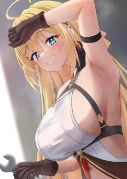 1girl ahoge bare_shoulders blonde_hair blue_eyes blush breasts brown_gloves gloves grin highres large_breasts long_hair looking_at_viewer navel noya_(stella_sora) sideboob sideless_shirt silver_bullet_(ecc12_8) smile solo stella_sora wrench