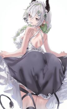 1girl @_@ absurdres ass ass_focus bare_arms bare_back bare_shoulders black_dress black_horns blush braid breasts commentary dollar_hair_ornament dress ear_piercing ear_tag feet_out_of_frame flower_tattoo frilled_dress frilled_hairband frills from_behind green_hair green_streaks grey_eyes hair_between_eyes hair_ornament hairband highres horns krabking large_breasts long_hair looking_at_viewer multicolored_dress multicolored_hair original piercing shoulder_tattoo simple_background single_braid skirt_hold sleeveless smile solo symbol-only_commentary tail tattoo two-tone_dress two-tone_hair white_background white_dress white_hair x_hair_ornament