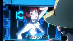 1boy 1girl animated anime_screenshot blue_one-piece_swimsuit bouncing_breasts breasts embarrassed gundam gundam_build_fighters hat headphones highres huge_breasts indoors microphone nenene_(gundam_bf) o-ring o-ring_swimsuit one-piece_swimsuit red_hair revealing_clothes short_hair shota slingshot_swimsuit sound swimsuit tagme video yasaka_mao