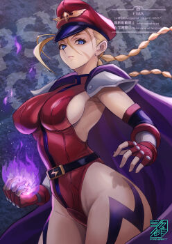 1girl armpits artist_logo belt belt_buckle black_belt blonde_hair blue_eyes bodypaint braid breasts buckle cammy_white cape elbow_gloves ema_(emaura) facial_scar fingerless_gloves fire gloves hat highres leotard logo military_uniform purple_cape purple_fire red_hat red_leotard scar scar_on_cheek scar_on_face shoulder_pads sideboob spiked_bangs street_fighter studded_gloves thighs twin_braids watermark