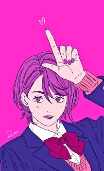 1girl blue_jacket blush bow bowtie collared_shirt dandadan divadiva548447 hair_between_eyes jacket looking_at_viewer nail_polish open_mouth pink_background pink_eyes pink_hair pink_nails pink_sweater pointing pointing_up red_bow red_bowtie school_uniform shiratori_aira_(dandadan) shirt short_hair signature smile solo suit_jacket sweater upper_body white_shirt