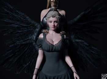 2girls 3d artist_request black_dress blonde_hair breasts brown_hair cleavage dress highres mask mother_miranda multiple_girls non-web_source resident_evil resident_evil_village rosemary_winters tagme