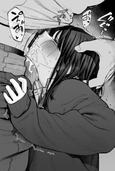 1boy 1girl blush cardigan cum cum_in_mouth deepthroat fellatio greyscale head_grab hetero highres irrumatio long_hair monochrome oral original school_uniform sweat tears untsuku