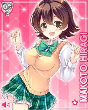 1girl :d bow bowtie breasts brown_eyes brown_hair card_(medium) cardigan character_name girlfriend_(kari) green_bow green_bowtie green_skirt hiragi_makoto_(girlfriend_(kari)) large_breasts looking_at_viewer miniskirt official_art open_mouth pink_background plaid_clothes plaid_skirt pleated_skirt qp:flapper school_uniform shirt short_hair skirt smile solo thighs white_shirt yellow_cardigan