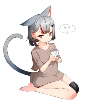 1girl ? ?? animal_ears barefoot black_thighhighs brown_shirt cat_ears cat_girl cat_tail cup drinking_glass drinking_straw expressionless extra_ears full_body grey_hair highres looking_at_viewer multicolored_hair naked_shirt neneko_mashiro red_eyes red_hair shirt short_hair short_sleeves simple_background single_thighhigh sitting spoken_question_mark sseonyu stellive streaked_hair tail thighhighs virtual_youtuber wariza white_background