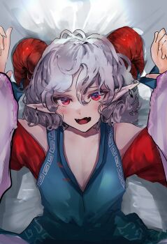 2girls baby_animal bare_shoulders bed_sheet blue_vest earrings eneshi fangs flat_chest hair_between_eyes highres horn_ornament horn_ribbon horns jewelry lamb looking_at_viewer lying medium_hair multiple_girls on_back pointy_ears pov puffy_sleeves red_eyes ribbon sheep sheep_horns touhou toutetsu_yuuma vest wavy_hair white_hair yakumo_ran yuri