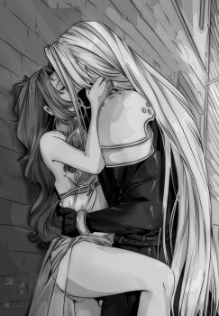 Rule 34 | 1boy, 1girl, aerith gainsborough, aerith gainsborough (sunny robe), armor, bare arms, bare shoulders, bikini, black coat, black gloves, breasts, brick wall, closed eyes, coat, couple, final fantasy, final fantasy vii, final fantasy vii: ever crisis, gloves, grey hair, hand in another's hair, hand on another's waist, hetero, highres, kiss, lace shawl, long coat, long hair, medium breasts, official alternate costume, parted bangs, pauldrons, sephiroth, shanlieart, shoulder armor, sideboob, sidelocks, straight hair, swimsuit, thighs, wavy hair