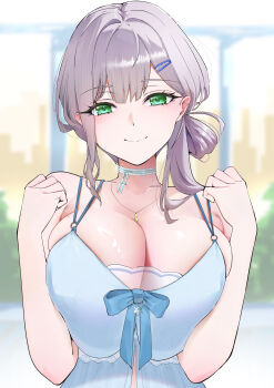 1girl absurdres bare_shoulders blue_bow blue_dress bow breasts choker cleavage collarbone commentary_request dress green_eyes grey_hair hair_ornament hairclip highres hololive jewelry katagiri_nanoka large_breasts looking_at_viewer medium_hair necklace ponytail shirogane_noel smile solo virtual_youtuber