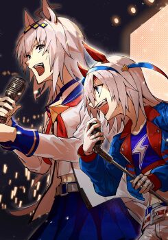 2girls ahoge animal_ears belt blue_eyes blue_jacket blue_shirt blue_skirt breasts choker concert crop_top fingerless_gloves gloves grey_hair hair_ornament headband highres holding holding_microphone_stand horse_ears jacket karate_(karatedazey) long_hair long_sleeves microphone microphone_stand midriff multiple_girls music oguri_cap_(starlight_beat)_(umamusume) oguri_cap_(umamusume) open_clothes open_jacket open_mouth pants screen shirt singing skirt small_breasts smile tamamo_cross_(umamusume) umamusume upper_body white_gloves white_jacket white_pants