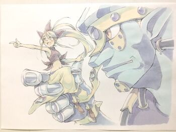 Rule 34 | 1boy, 1girl, bare arms, black eyes, blonde hair, blue skin, boots, brown boots, brown eyes, cloud (pony &amp; cloud), colored skin, commentary, genie, highres, in palm, living clothes, long hair, mecha, midriff, open mouth, pants, parted lips, peter salt, pointing, pony &amp; cloud, pony (pony &amp; cloud), puffy pants, red shirt, robot, shirt, sitting, smile, tied shirt, traditional media, yellow pants