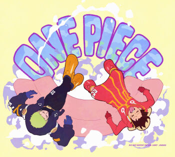 2boys black_bodysuit black_hair blue_gloves bodysuit boots closed_eyes coat copyright_name couch facial_scar from_above full_body gloves green_hair hat highres jacket lngees long_sleeves male_focus monkey_d._luffy multiple_boys official_alternate_costume on_couch one_piece open_clothes open_jacket purple_jacket red_boots red_coat roronoa_zoro scar scar_on_cheek scar_on_face short_hair sitting straw_hat tongue tongue_out unworn_hat unworn_headwear yellow_boots