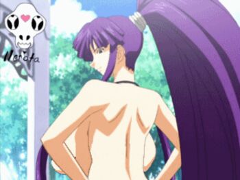 00s 1girl animated animated_gif anime_screenshot artist_name back backboob black_eyes bouncing bouncing_breasts breasts cloud collarbone eiken female_focus hands_on_own_hips huge_breasts leaf logo long_hair looking_at_viewer misono_kirika nerota nipples nude_filter outdoors ponytail purple_hair resized sidelocks sky solo standing talking third-party_edit topless_female tree looking_back uncensored upper_body very_long_hair