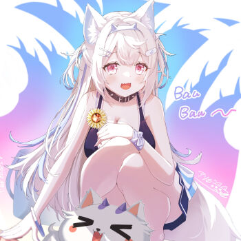 1girl absurdres animal_ear_fluff animal_ears asobineko_(neko_irastonyan) bandaid bandaid_hair_ornament bikini black_bikini black_skirt blonde_hair blue_streaks breasts cleavage commentary_request dog_ears dog_girl dog_tail fang fuwawa_abyssgard hair_ornament hairpin highres hololive hololive_english hololive_summer_2023_swimsuit large_breasts long_hair looking_at_viewer multicolored_hair official_alternate_costume open_mouth pink_eyes skin_fang skirt solo streaked_hair swimsuit tail two_side_up very_long_hair virtual_youtuber