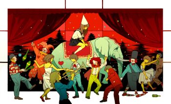 4girls 6+boys bottle chaojufei clown commentary dancing dunce_cap elephant hat highres holding holding_bottle holding_instrument holding_trumpet instrument juggling multiple_boys multiple_girls music original playing_instrument school_uniform top_hat trumpet