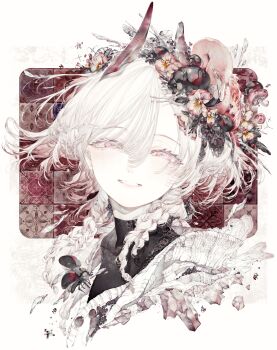 1girl absurdres animal animal_on_head beetle bird black_shirt braid bug cardigan close-up flower hair_flower hair_ornament highres hito_komoru horns insect looking_at_viewer medium_hair multiple_braids on_head original parted_lips pink_eyes portrait red_horns shirt simple_background smile solo white_background white_cardigan white_hair