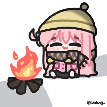 Rule 34 | 1girl, black skirt, bocchi the rock!, brown scarf, chibi, chibi only, closed eyes, closed mouth, coat, fire, fireplace, full body, gotoh hitori, hat, long hair, lulalang, mittens, one side up, pink coat, pink hair, scarf, simple background, sitting, skirt, smile, solo, white background, yellow hat, yellow mittens