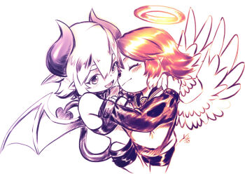 angel angel_boy angel_halo angel_wings aoi boots collar crop_top crossdressing demon demon_boy demon_horns demon_tail demon_wings detached_sleeves fang femboy horns japanese_clothes kuu pointy_ears sailor_fuku school_uniform shorts shota sulfur tail thigh_boots thong trap wings