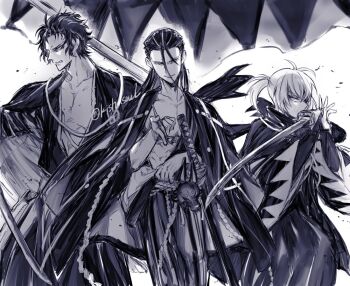 Rule 34 | 1girl, 2boys, ahoge, black hakama, black kimono, black scarf, commentary request, fate/grand order, fate (series), greyscale, hair slicked back, hakama, hijikata toshizou (fate), hijikata toshizou (third ascension) (fate), holding, holding smoking pipe, holding sword, holding weapon, japanese clothes, katana, kimono, kishusoul, kondou isami (fate), kondou isami (second ascension) (fate), long hair, monochrome, multiple boys, okita souji (fate), okita souji (teal haori and hakama) (fate), open clothes, open kimono, ponytail, scarf, sheath, sheathed, shinsengumi (fate), short ponytail, sidelocks, smoking pipe, sword, toned, toned male, twitter username, unsheathed, weapon