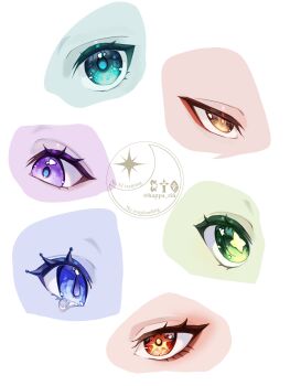 2boys 4girls absurdres aqua_eyes blue_eyes blue_pupils brown_eyes commentary_request diamond-shaped_pupils diamond_(shape) drop-shaped_pupils eye_focus furina_(genshin_impact) genshin_impact green_eyes happa_rin highres multiple_boys multiple_girls nahida_(genshin_impact) purple_eyes raiden_shogun red_eyes star-shaped_pupils star_(symbol) symbol-shaped_pupils symbol_in_eye tearing_up venti_(genshin_impact) watermark white_background zhongli_(genshin_impact)