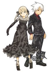 Rule 34 | 1boy, 1girl, black dress, black footwear, blair (soul eater), blonde hair, cat, collared shirt, dress, elbow gloves, formal, gloves, green eyes, hair ribbon, hat, high heels, highres, locked arms, maka albarn, necktie, no pupils, official art, ohkubo atsushi, red eyes, red shirt, ribbon, shirt, soul eater, soul evans, striped suit, suit, third-party source, twintails, white background, white hair, witch hat