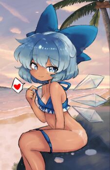 1girl alice_grimm alternate_costume beach bikini bikini_bottom_pull blue_bikini blue_bow blue_eyes blue_hair bow breasts cirno closed_mouth clothes_pull detached_wings hair_bow heart highres ice ice_wings looking_at_viewer medium_hair navel ocean outdoors palm_tree sitting small_breasts smile solo spoken_heart stomach sweat swimsuit tan tanline tanned_cirno touhou tree wings