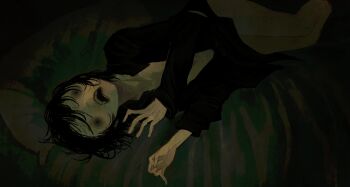 1girl bed black_hair black_shirt colored_skin empty_eyes green_skin highres horror_(theme) insomnia jejejunum open_mouth original shirt short_hair solo teeth