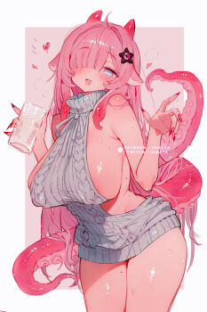 1girl ahoge bare_shoulders blush breasts commentary cup english_commentary fang fingernails glass grey_sweater hair_ornament hair_over_one_eye highres holding holding_cup horns huge_breasts indie_virtual_youtuber iomaya_(vtuber) long_hair looking_at_viewer mole mole_on_thigh mole_under_eye nail_polish nixeu one_eye_covered open_mouth patreon_username pink_background pink_hair pink_horns pink_nails sideboob smile solo star_(symbol) star_hair_ornament sweater tentacles thighs turtleneck turtleneck_sweater twitch_username virgin_killer_sweater virtual_youtuber white_background