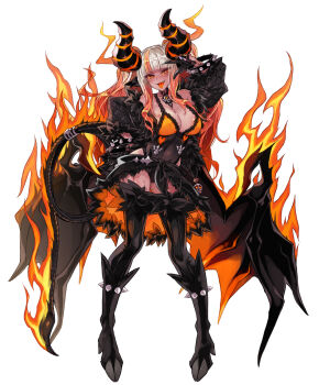 1girl balrog_(monster_girl_encyclopedia) black_jacket black_leotard blunt_bangs breasts burning cleavage colored_sclera dark-skinned_female dark_skin demon_girl demon_horns demon_tail demon_wings fingernails fire full_body highres hooves horns jacket kenkou_cross large_breasts leotard long_bangs long_hair long_sleeves looking_at_viewer low_wings monster_girl_encyclopedia multicolored_hair official_art open_clothes open_jacket open_mouth orange_eyes orange_hair orange_sclera pointy_ears slit_pupils smile solo streaked_hair tail thighhighs tongue tongue_out twintails white_background white_hair wings
