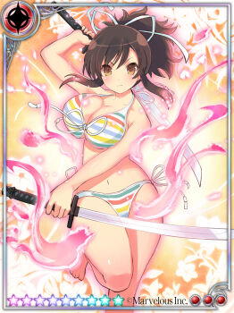 1girl asuka_(senran_kagura) bikini black_hair blush breasts brown_eyes card_(medium) cleavage copyright_name dual_wielding energy flower front-tie_bikini_top front-tie_top hair_ribbon highres holding holding_sword holding_weapon huge_breasts large_breasts light_particles looking_at_viewer marvelous multicolored_bikini multicolored_stripes navel non-web_source official_art ponytail rainbow_bikini ribbon senran_kagura senran_kagura_shoujo-tachi_no_shin&#039;ei short_hair short_ponytail side-tie_bikini_bottom sidelocks solo striped_bikini striped_clothes swimsuit sword tsuba_(guard) tsuka-ito tsuka_(handle) wakizashi weapon white_ribbon yaegashi_nan