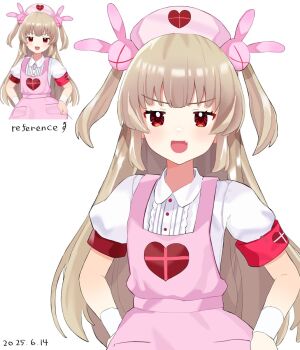 Rule 34 | 1girl, apron, armband, bandaged wrist, bandages, blonde hair, blush, commentary request, dated, derivative work, fang, hair ornament, hat, heart, heart print, highres, long hair, looking at viewer, natori sana, natori sana (nurse), nurse cap, official art inset, okaki8130, open mouth, pink apron, pink hat, rabbit hair ornament, red armband, red eyes, reference inset, sana channel, shirt, short sleeves, skin fang, solo, two side up, virtual youtuber, white background, white shirt