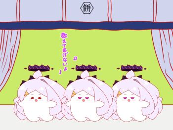 &gt;_&lt; :d ahoge beamed_eighth_notes blue_archive blush chibi closed_eyes curtains dancing eighth_note facing_viewer grey_hair hair_ornament hairclip halo highres hina_(blue_archive) horns kurukurumagical long_hair musical_note open_mouth parody_request purple_eyes single_hair_intake smile standing translation_request very_long_hair xd