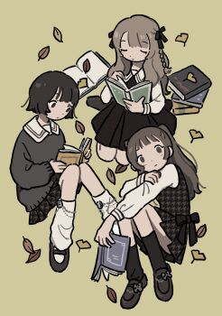 3girls book brown_hair closed_eyes copyright_request fucca highres holding holding_book leaf looking_at_viewer multiple_girls non-web_source short_hair source_request tagme