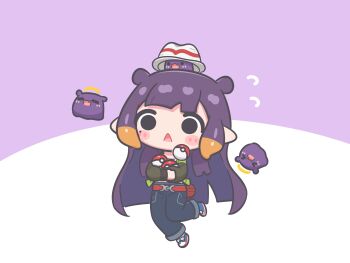 &gt;_&lt; 1girl :d =_= absurdres alternate_costume belt blush_stickers cosplay denim fang halo harmony_(pokemon) hat highres jeans long_hair mole mole_under_eye mpien multicolored_hair ninomae_ina&#039;nis nintendo open_mouth orange_hair pants poke_ball pokemon pokemon_legends:_z-a purple_hair smile solo takodachi_(ninomae_ina&#039;nis) tentacle_hair triangle_mouth xd