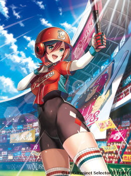 1girl baseball_bat baseball_stadium baseball_uniform black_shorts blue_sky cloud gloves grey_eyes hat helmet holding holding_baseball_bat looking_at_viewer madopen official_alternate_costume official_art open_mouth outdoors red_gloves red_hat red_helmet red_shirt ril_(wixoss) shirt shorts sky solo sportswear teeth two-sided_gloves upper_teeth_only white_gloves wixoss