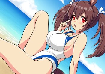 1girl animal_ears bare_shoulders beach blue_sky blush breasts brown_hair cloud commentary_request competition_swimsuit hair_between_eyes highres hishi_akebono_(umamusume) horse_ears horse_girl horse_tail large_breasts long_hair looking_at_viewer ocean one-piece_swimsuit open_mouth outdoors red_eyes sitting sky swimsuit tail twintails umamusume water white_one-piece_swimsuit yuuyuu_(3jjbn)