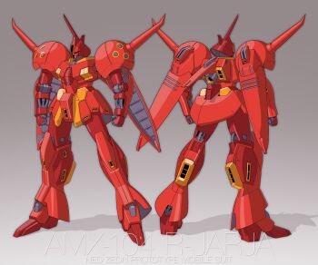 3d back cable character_name commentary_request comparison dual_persona english_text exposed_internal_machinery gradient_background gundam gundam_zz machinery mecha mecha_focus mobile_suit multiple_views neo_zeon no_humans one-eyed r-jarja robot science_fiction shadow thrusters vernier_thrusters yamarata