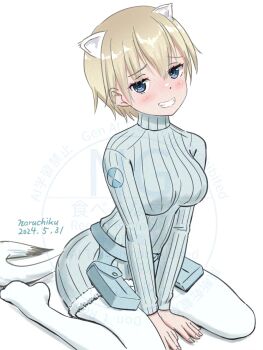 1girl adversarial_noise animal_ears blonde_hair blue_eyes blue_sweater brave_witches breasts highres large_breasts looking_at_viewer naruchisukisuki nikka_edvardine_katajainen pantyhose short_hair simple_background sitting smile solo sweater tail turtleneck weasel_ears weasel_girl weasel_tail white_background white_pantyhose world_witches_series