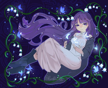 1girl absurdres closed_mouth commentary dress english_commentary fern_(sousou_no_frieren) highres long_hair long_sleeves looking_at_viewer madhouse purple_eyes purple_hair purple_pupils smile sousou_no_frieren