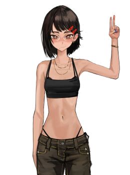 Rule 34 | 1girl, absurdres, black camisole, black hair, black panties, bracelet, breasts, brown eyes, brown pants, camisole, chainsaw man, ear piercing, earrings, hair ornament, hairclip, hand up, higashiyama kobeni, highres, jewelry, looking at viewer, mole, mole under eye, mole under mouth, multiple moles, navel, necklace, panties, pants, piercing, short hair, simple background, small breasts, solo, tefi blum, underwear, v, white background