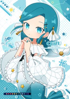 Rule 34 | 1girl, blue dress, blue eyes, blue hair, chizu (421ooouy), commentary request, constellation, cowboy shot, detached sleeves, dress, drop shadow, frilled sleeves, frills, gradient hair, grid background, highres, interlocked fingers, long hair, long sleeves, looking at viewer, multicolored hair, off-shoulder dress, off shoulder, original, outline, own hands clasped, own hands together, parted lips, personification, pisces (constellation), pisces (symbol), pisces (zodiac), solo, white hair, white outline, white sleeves, wide sleeves, zodiac