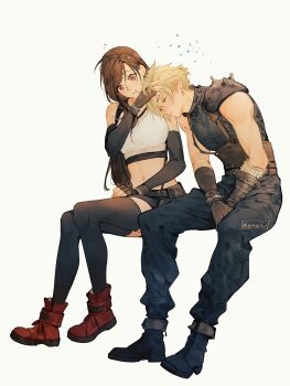 1boy 1girl armor baggy_pants bare_shoulders birthday black_boots black_gloves black_hair black_skirt black_thighhighs blonde_hair blush boots bracelet closed_eyes cloud_strife couple crop_top drunk earrings final_fantasy final_fantasy_vii final_fantasy_vii_rebirth final_fantasy_vii_remake fingerless_gloves flying_sweatdrops full_body gloves hand_on_another's_head happy_birthday head_on_another's_shoulder hetero highres invisible_chair jewelry long_hair looking_at_another maiii_(smaii_i) midriff navel open_mouth pants red_boots red_eyes short_hair shoulder_armor simple_background single_bare_shoulder single_earring sitting skirt sleeveless sleeveless_turtleneck spiked_hair squeans stud_earrings suspender_skirt suspenders sweater swept_bangs tank_top text_focus thighhighs tifa_lockhart turtleneck turtleneck_sweater twitter_username white_tank_top zettai_ryouiki