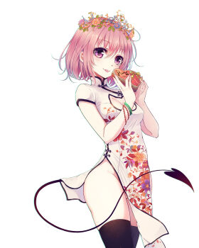 1girl black_thighhighs blush box bracelet breasts cat_cutout china_dress chinese_clothes cleavage cleavage_cutout clothing_cutout cowboy_shot demon_tail dress female_focus flower hair_flower hair_ornament heart-shaped_box highres holding jewelry looking_at_viewer momo_velia_deviluke no_panties pink_hair purple_eyes short_hair short_sleeves side_slit simple_background solo standing tail thighhighs to_love-ru tongue tongue_out wait white_background